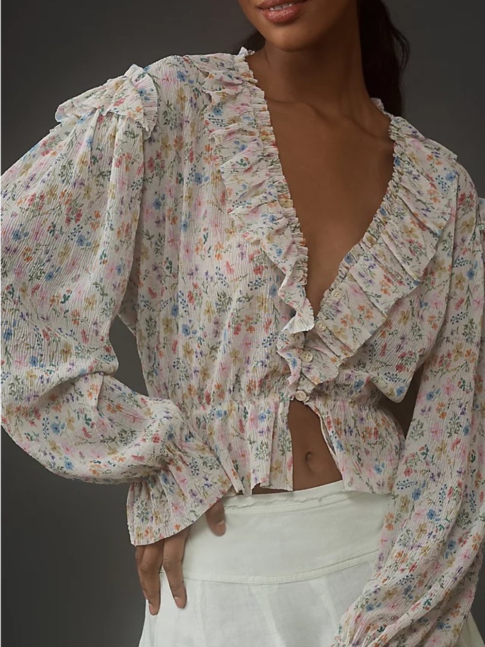 By Anthropologie Floral Long-Sleeve Mesh Ruffle Blouse